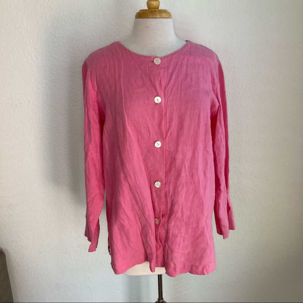 Cold water creek linen long sleeve pearl button down shirt lagenlook
